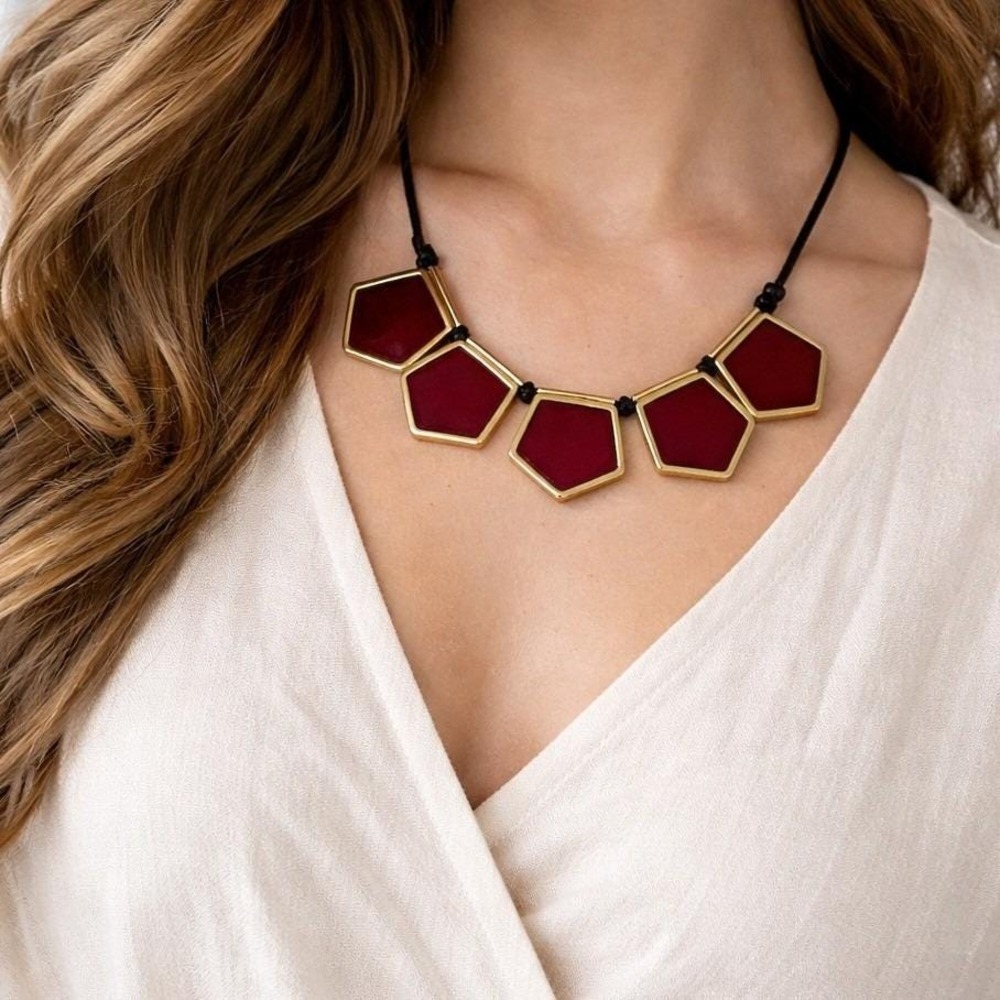 Vintage Yves Saint Laurent YSL Red Gold Pentagonal Statement Cord Necklace